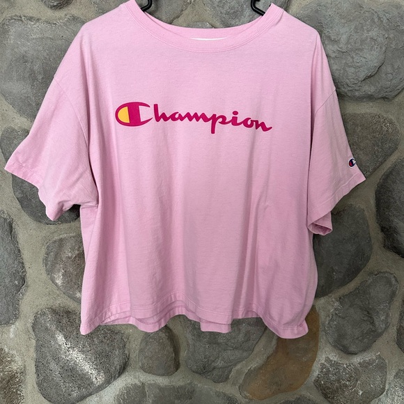 2 X Large Champion Womens Pink Cropped Cotton Tee Pullover Top Athletic 2XL - Picture 1 of 4
